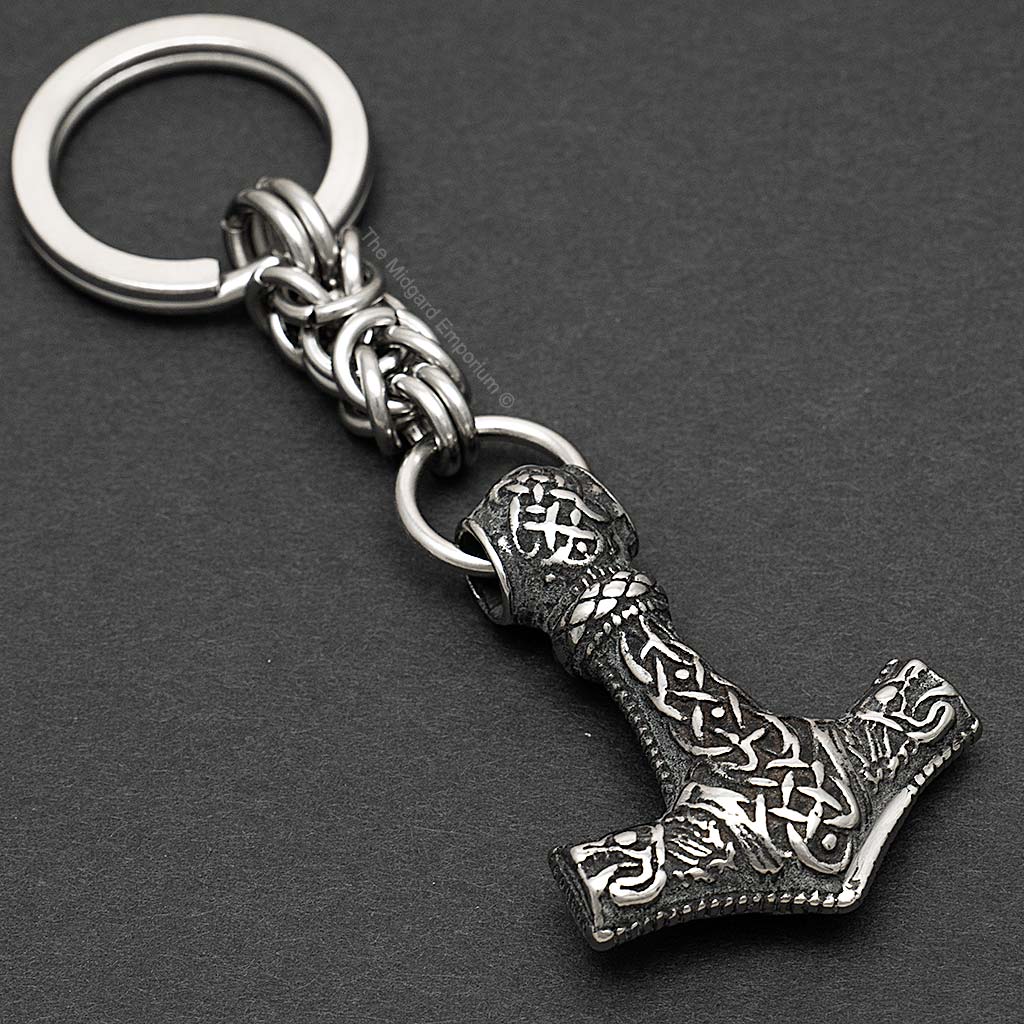 Stainless Steel Viking Wolf Thors Hammer Keychain