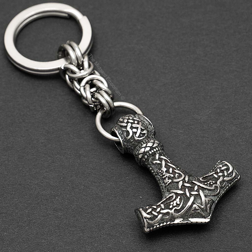 Stainless Steel Viking Wolf Thors Hammer Keychain