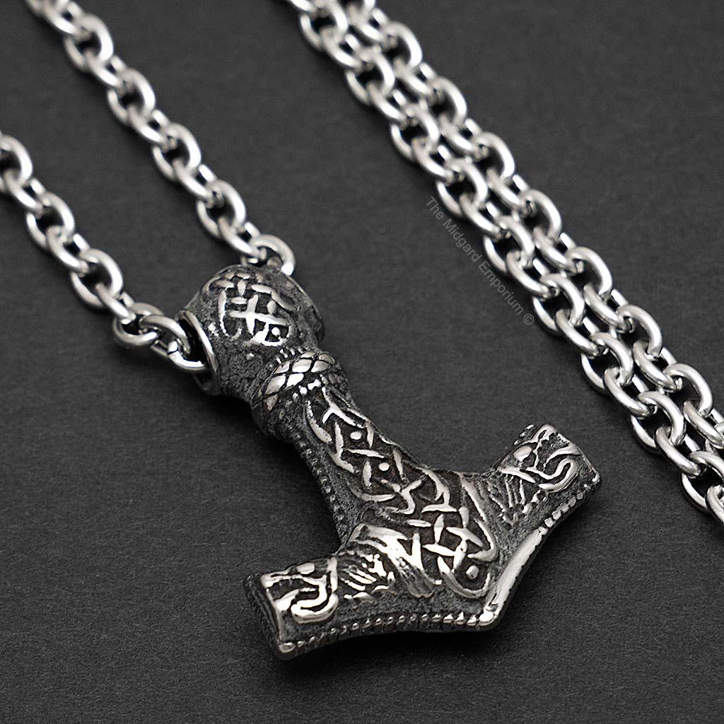 Stainless Steel Viking Wolf Thors Hammer Necklace