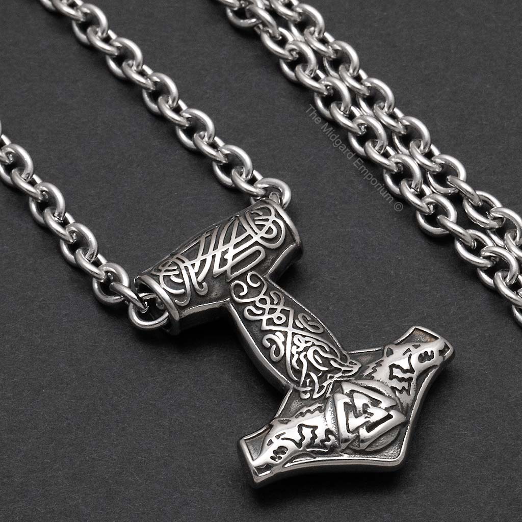 Stainless Steel Viking Wolf Thors Hammer Necklace