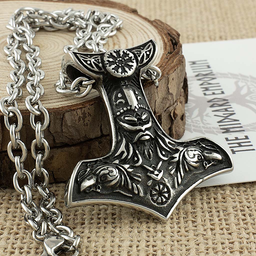 Stainless Steel Viking Raven Thors Hammer Necklace - The Midgard Emporium