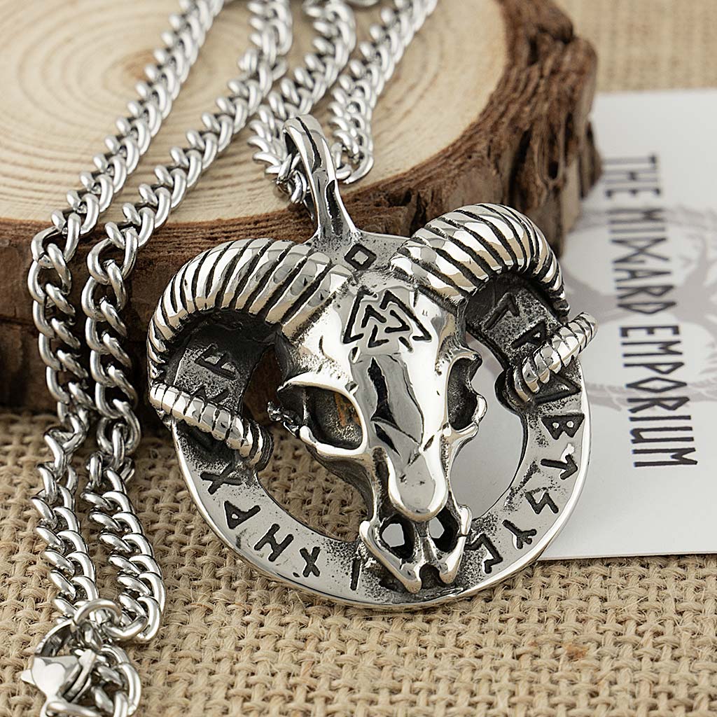 Stainless Steel Viking Rams Skull Necklace