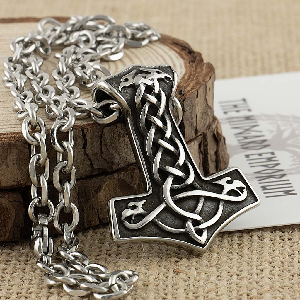 Stainless Steel Viking Dragon Thors Hammer Necklace - The Midgard Emporium