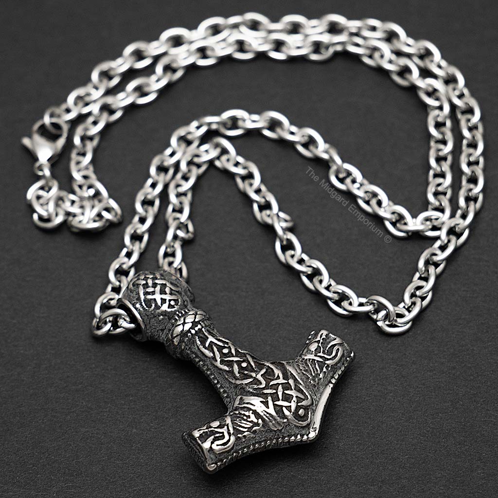 Stainless Steel Viking Wolf Thors Hammer Necklace
