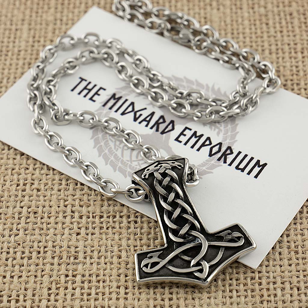 Stainless Steel Viking Dragon Thors Hammer Necklace - The Midgard Emporium