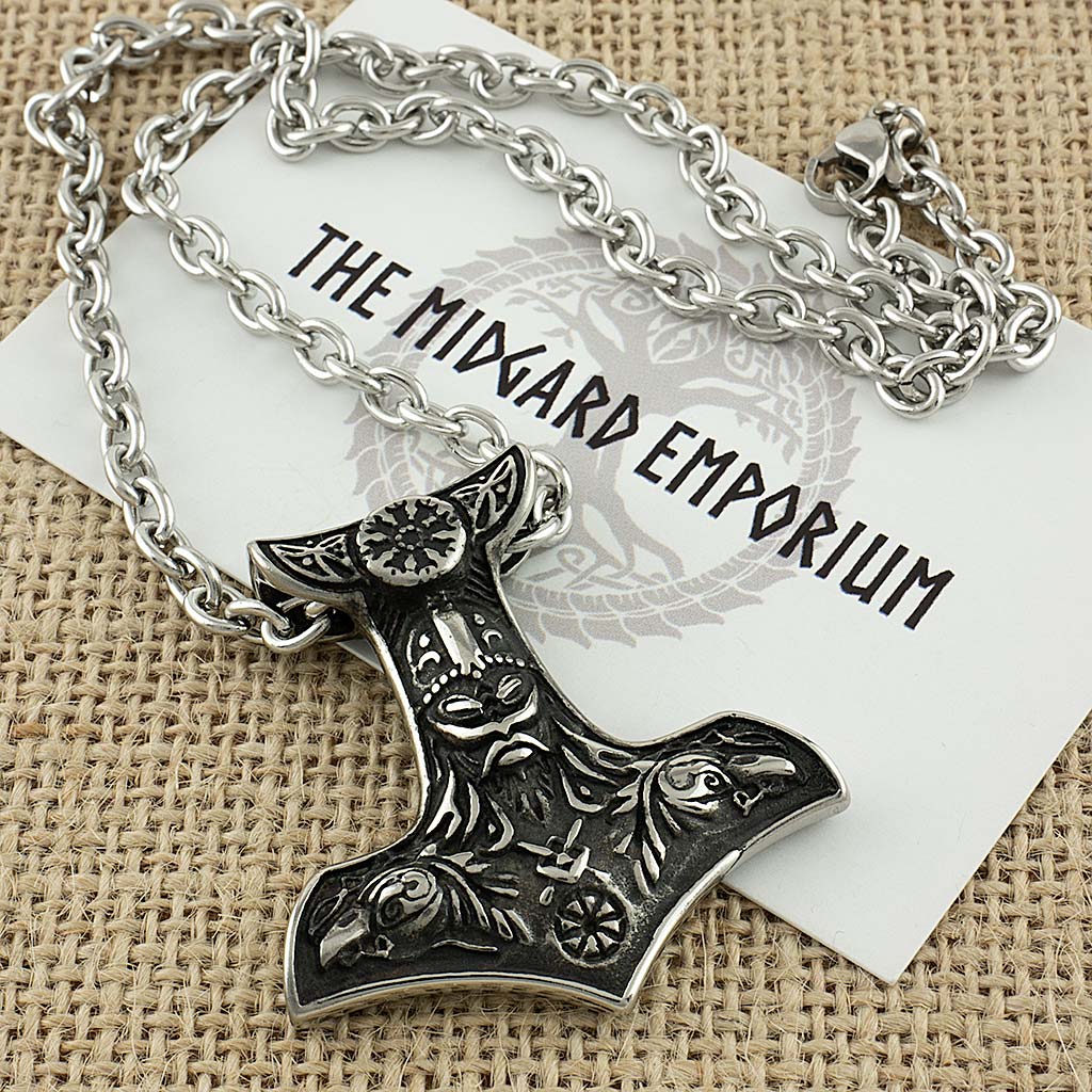 Stainless Steel Viking Raven Thors Hammer Necklace - The Midgard Emporium