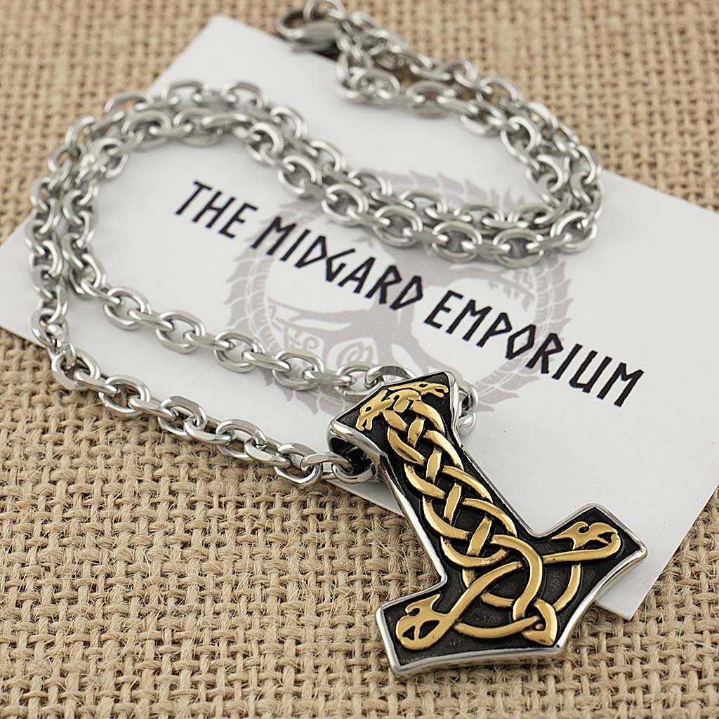Stainless Steel Viking Gold Dragon Thors Hammer Necklace - The Midgard Emporium