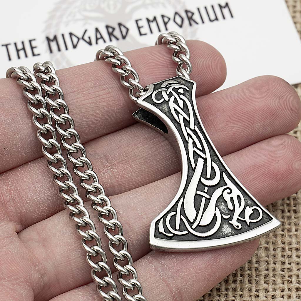 Stainless Steel Viking Dragon Axe Necklace