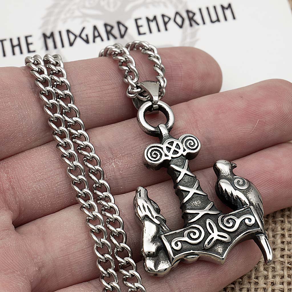 Stainless Steel Viking Raven and Wolf Thors Hammer Necklace