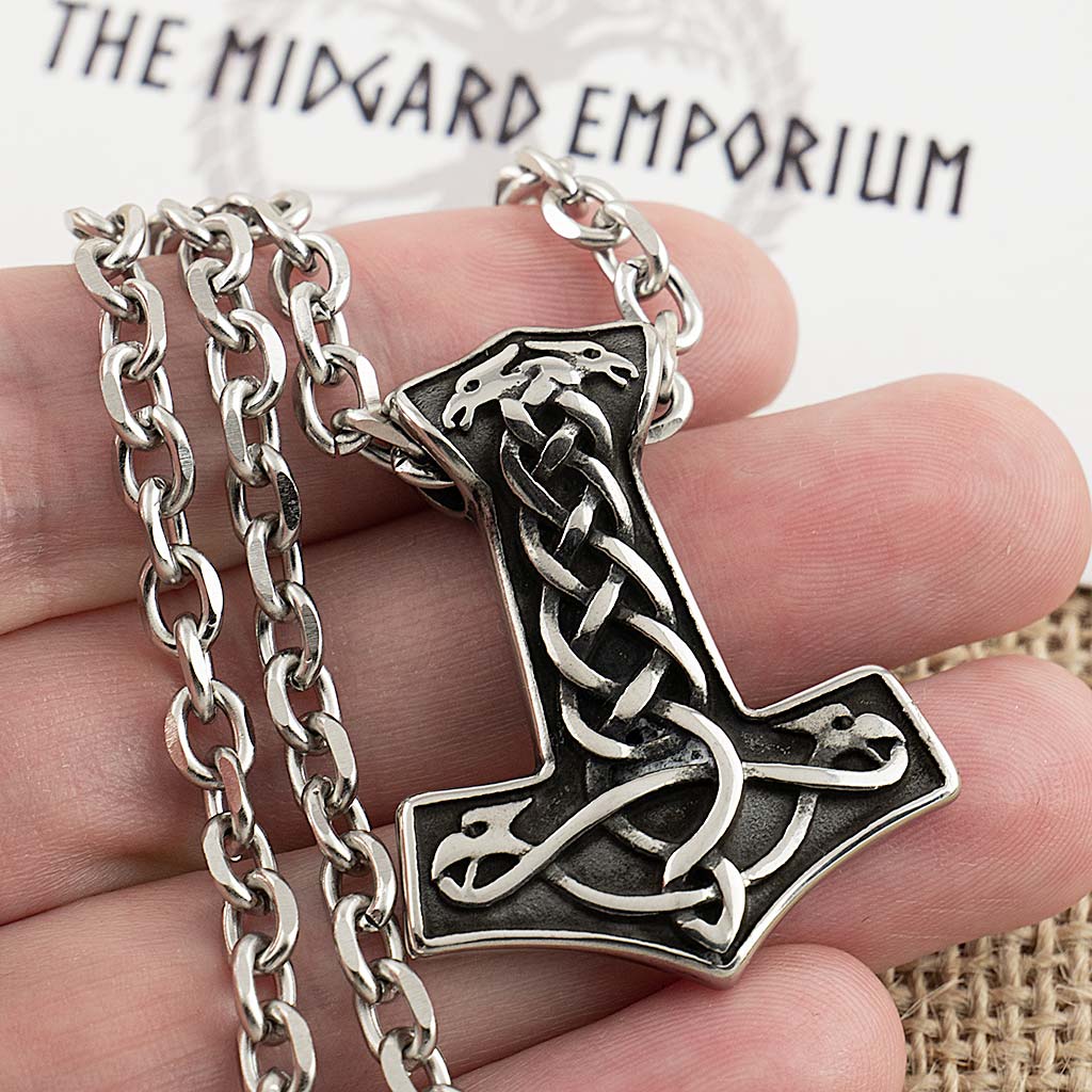 Stainless Steel Viking Dragon Thors Hammer Necklace - The Midgard Emporium