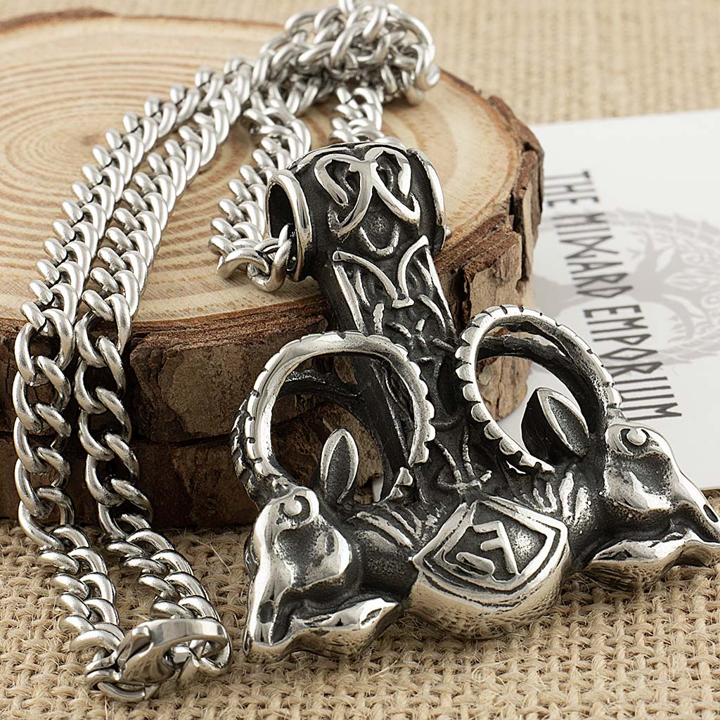 Stainless Steel Viking Ram Thors Hammer Necklace