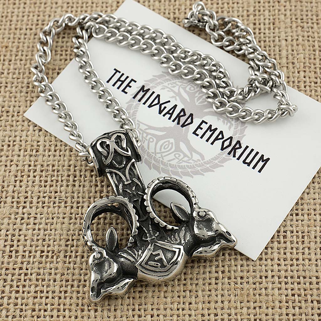 Stainless Steel Viking Ram Thors Hammer Necklace